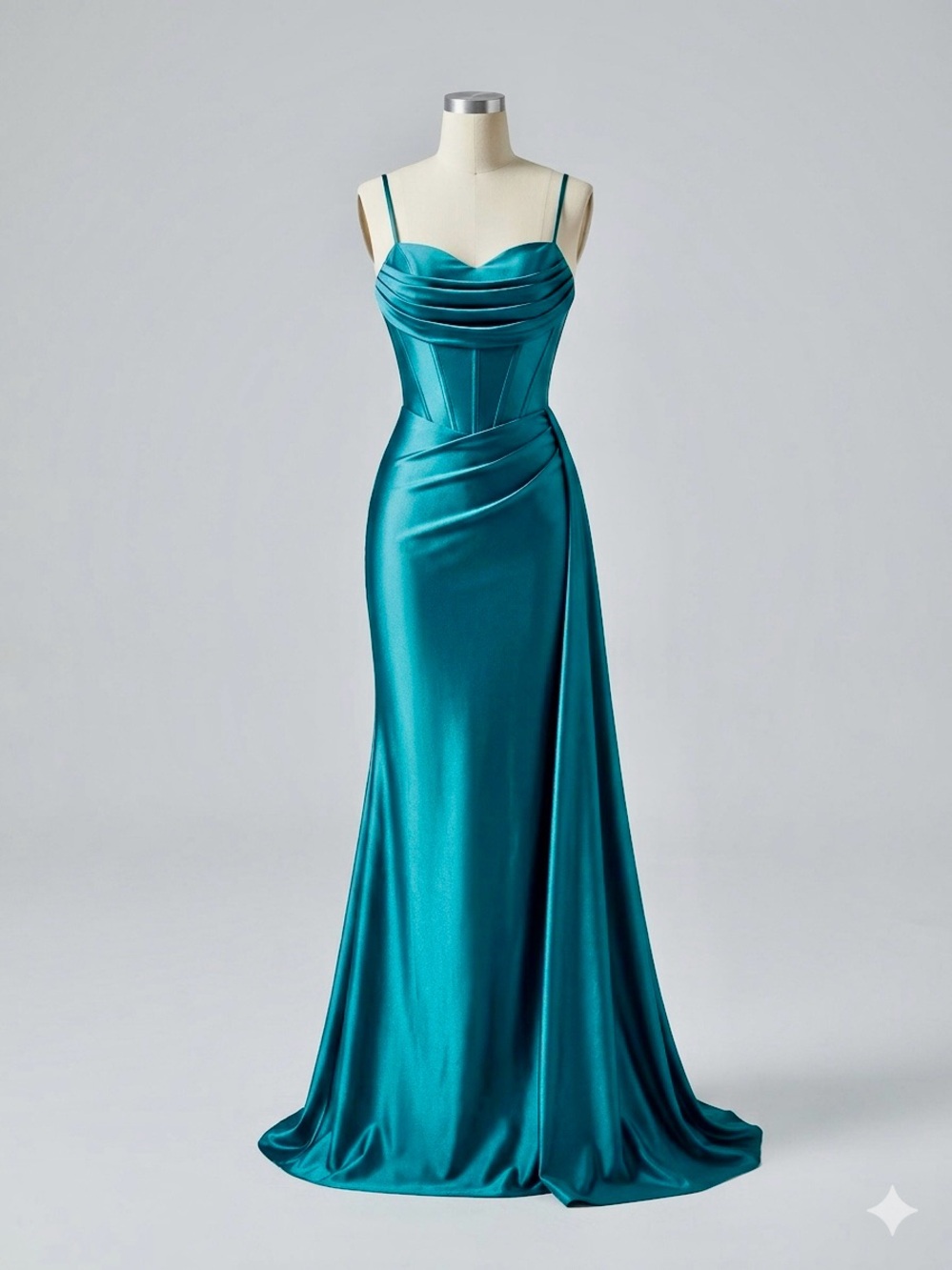 Teal Satin Spaghetti Strap Evening Gown